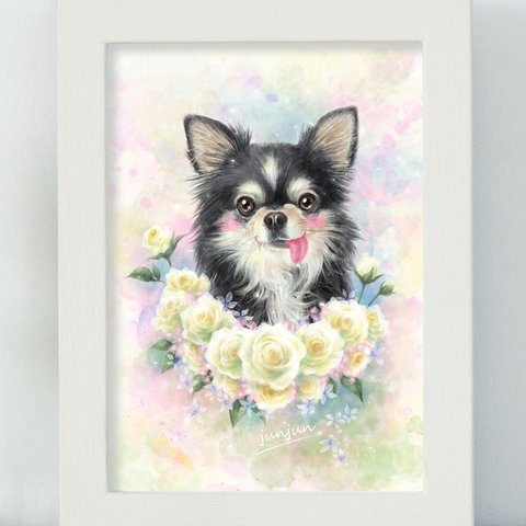 うちの子似顔絵☆ホワイトローズ(薔薇)のリース (犬 猫 ペット似顔絵 手元供養 )