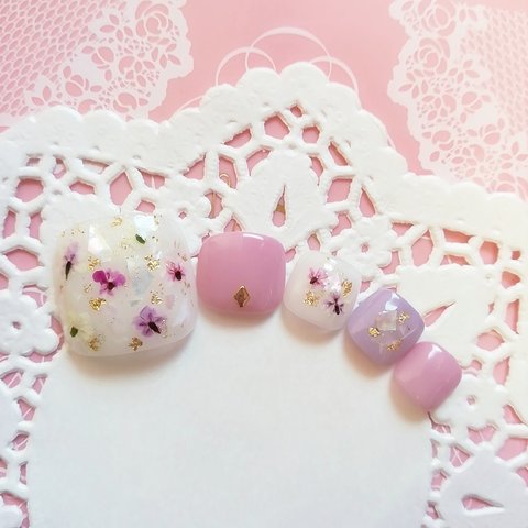 RUNA♪フットネイル♡上品ピンクパープル押し花ネイルチップ♡ペディキュア