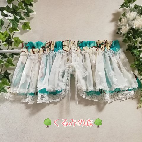 ミンネ限定♡⃛夏感謝SALE♥リボンのカフェカーテン♡ハイビスカス マリンブルー 40×108