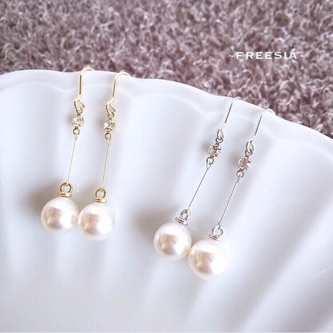 【再販】⋆✧pearl＋rhinestone✧⋆ワイヤーピアス /イヤリング (ゴールド)