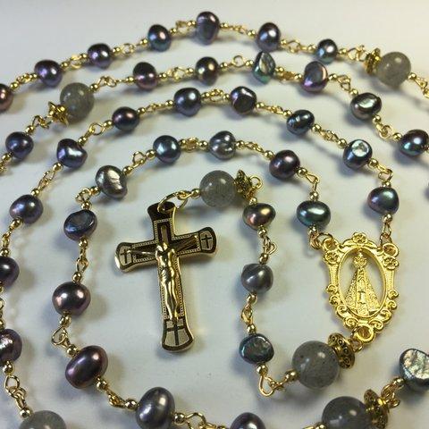 ロザリオ【１点物】(130)ラブラドライト＆淡水パール＆ヘマタイト RosaryCatholic,Prayer Beads,Jesus Christ Crucifixion Cross Pendant