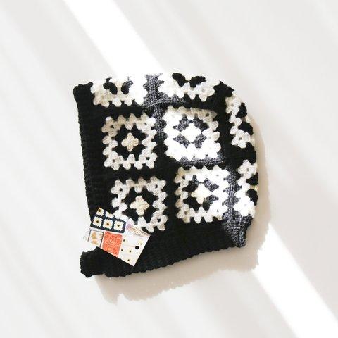 バラクラバ 09フードキャップ Hood cap 09 Granny square×monotone×black/ クロシェ