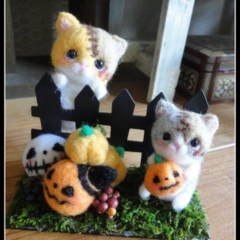 ＊ハロウィン２匹のフランケンねこちゃん　置物＊