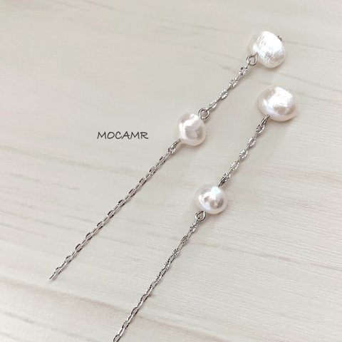 送料無料！淡水パール×ダイヤカットチェーン シルバー ピアス／イヤリング