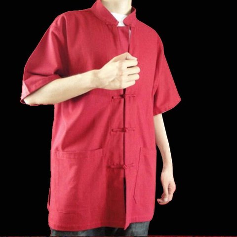 テーラード職人仕上げ 手作りチャイナ カラー付きリネン生地太極拳用 赤 シャツ#115