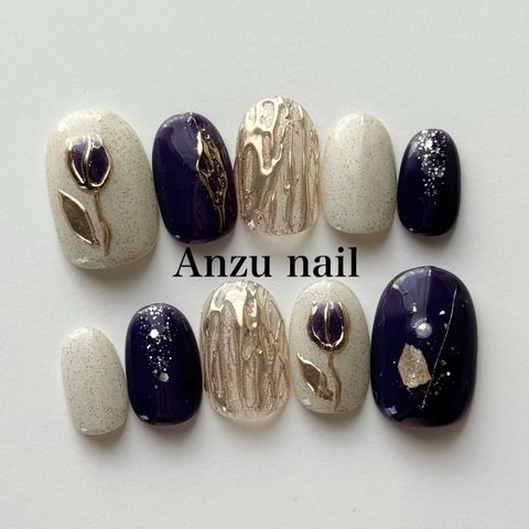【現品】紫 チューリップ ニュアンス ネイルチップ 花 フラワー 砂ネイル