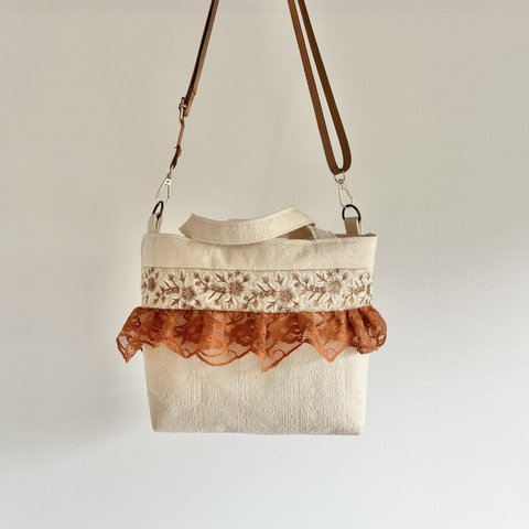 インド刺繍リボンとオレンジレースの2wayバッグ（ショルダーバッグ/ミニトート）ショルダー紐ブラウン