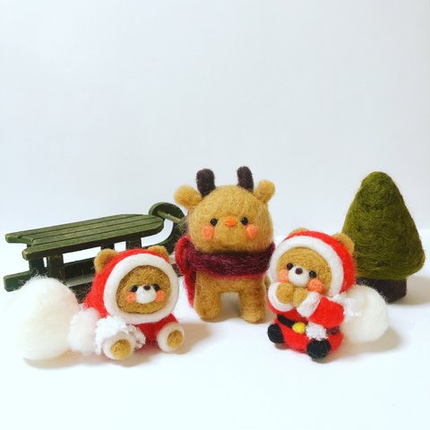 Xmas くまサンタとトナカイ　羊毛フェルト