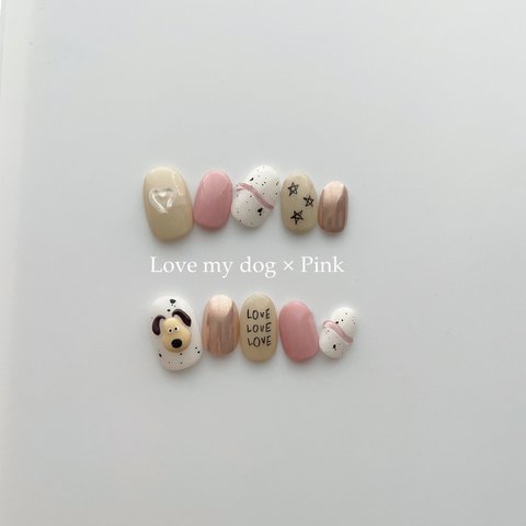 #18 文字変更自由 【 size order 】nail tip - LOVE MY DOG 3 🐕💞　落書きネイル 色鉛筆ネイル チェック ハート