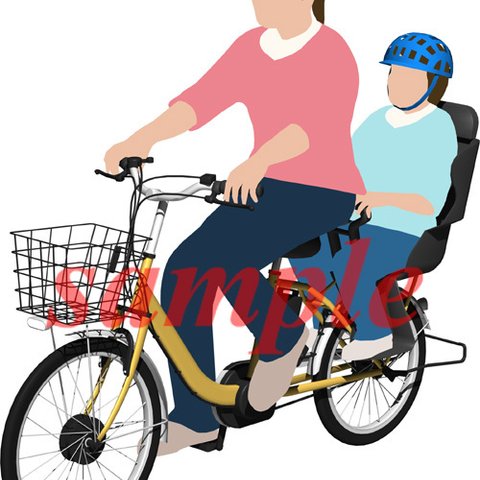 サイクリングする母親と子供「電動自転車」の背景透明イラスト018