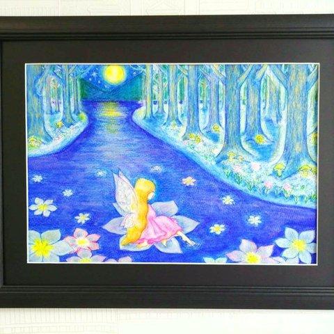 「妖精界の湖に浮かぶ美しい月の妖精」幸運を招く妖精イラスト