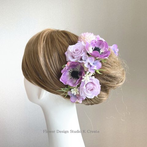 秋色の薔薇とアネモネのヘッドドレス　モーブピンク　ラベンダー色　ナチュラル　パープル　結婚式　ウェディング　ヘッドドレス　髪飾り