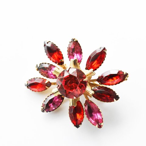 vintage red×pink flower rhinestone brooch