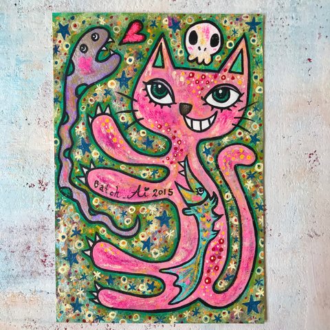 『ヘビと遊ぶネコ』☆アクリル画