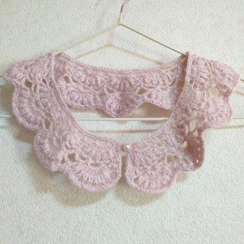 扇形模様のつけ衿　ピンクのモヘア風毛糸 手編み 