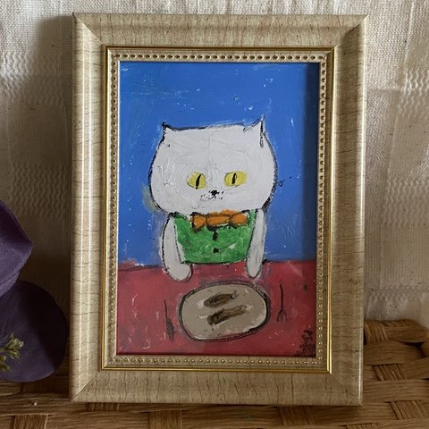 絵画。原画手描【洋食が好きなかわいい猫】