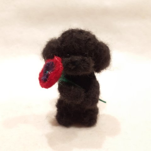 羊毛フェルトの犬　お花をプレゼントするトイプードル(ブラック)