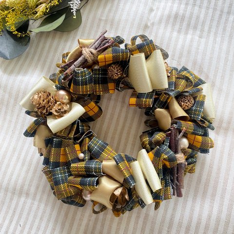 ふわふわリボンリース tartan yellow