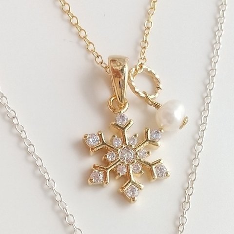 (K16GP or 14kgf)  snow crystal & mini pearl necklace