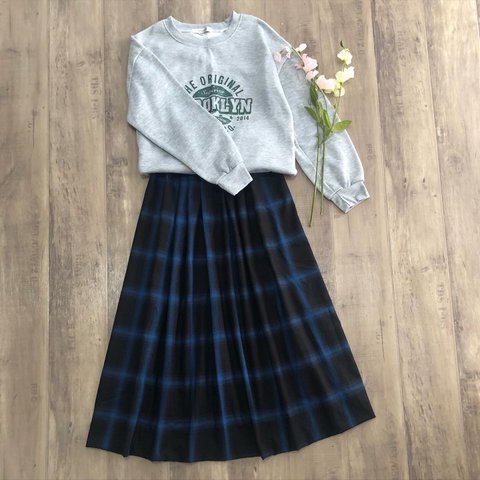 播州ブルーチェック の 綺麗な ギャザースカート