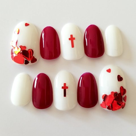 Heart＆Cross Nail Red×Bordeaux