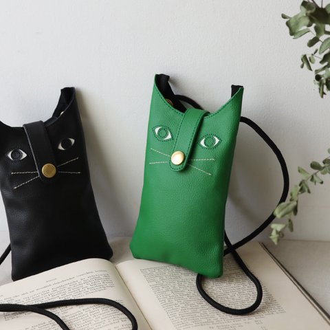 ラスト２　初夏ＳＡＬＥ  グリーンアイ ねこポシェット　上質シュリンクPUレザー猫スマホ ショルダー ポシェット バッグ ポーチ 紐調節可X41D◎