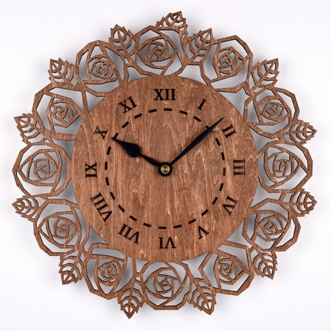 木の壁掛け時計D 薔薇（木製ウォールクロック）