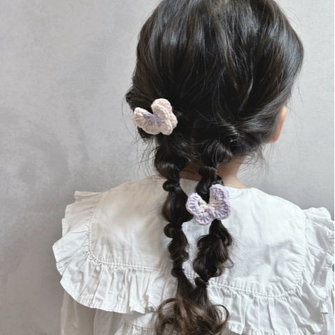 【2つセット baby pink × lavender バイカラー ୨୧ 】かぎ編み ちょうちょ ヘアクリップ ヘアゴム  ヘアアクセサリー ベビーヘアゴム アクセサリー ピンク 紫