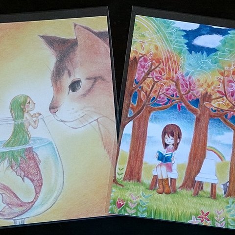 ポストカード2枚set（人魚と猫／mori）