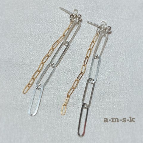 silver&gold ダブルチェーンピアス