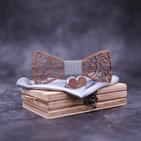 高品質の手作り無垢材   丸太蝶ネクタイセット ヨーロッパとアメリカのトレンディなネクタイ、カフスボタン、四角いスカーフ