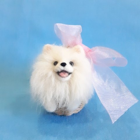 羊毛フェルトの犬　かごに入ったポメラニアン