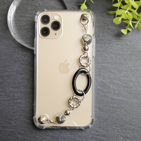 102. キーリングハンガー　スマホケース　iPhoneケース　ストラップ　全機種　スマホチェーン　スマホリング　キーリング　キーリングチェーン　シルバー　ブラック