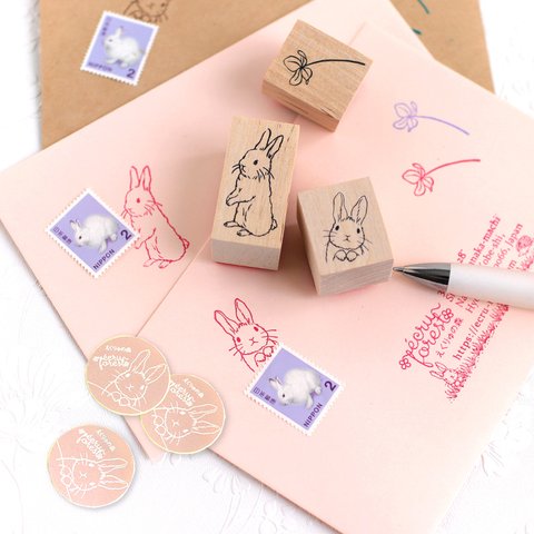 うさぎ好き【うさぎちゃん スタンプセット 小】シールとピンクの封筒付き★卯年 はんこ 手帳 付箋  年賀状クリスマスポストカード四つ葉のクローバー バレットジャーナル イラスト 子供