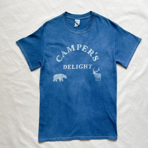 送料無料　藍染Tシャツ CAMPER'S DELIGHT　キャンプ　BBQ キャンパーの喜び　絞り染め　鹿　熊