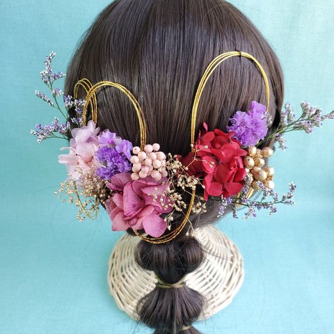レッド　パープル　グリーン　ボタニカル ブルーファンタジア　　髪飾り　成人式　結婚式　和装　水引　#ウェディング
