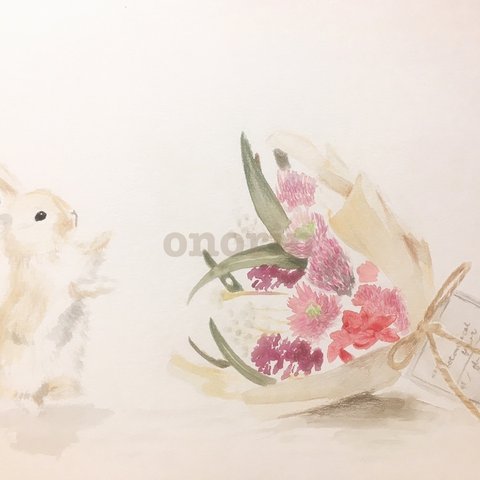 【原画】水彩画　うさぎと花束