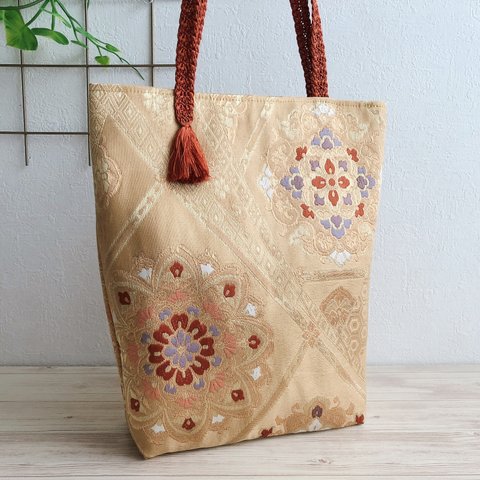 綺麗な華文柄の帯で小さめハンドバッグ／パーティーバッグ／オレンジ系／obi/kimono/191