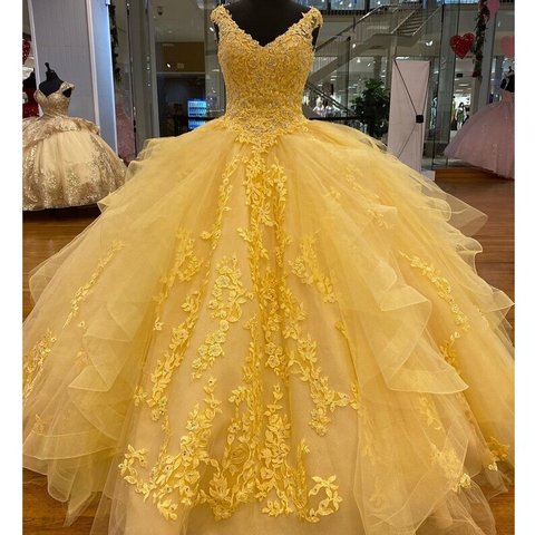 憧れのドレス カラードレス Vネック キラキラ リーフ刺繍 リボン イエロー プリンセスライン 花嫁 結婚式
