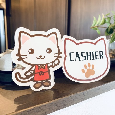 【送料無料】白猫イラスト cashier お会計サインスタンド レジ レジ前 お釣り お勘定 子猫 かわいい 表示板 案内板