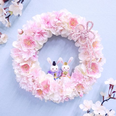 再販×24＊満開の桜と桃の花リース 梅結び(お正月・お雛様・ひなまつり・結婚祝い・出産祝い)＊