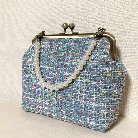 春色☆パステルファンシーツイード(ブルー)がま口バッグ