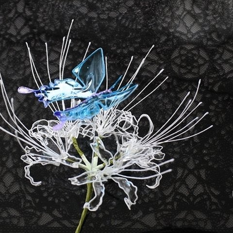 蝶 彼岸花  かんざし 曼珠沙華 ～純白クリア～ 着物 和装 日本 ディップアート クリア ブルー 成人式