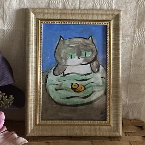 絵画。原画手描き【お風呂が好きな猫ちゃん】
