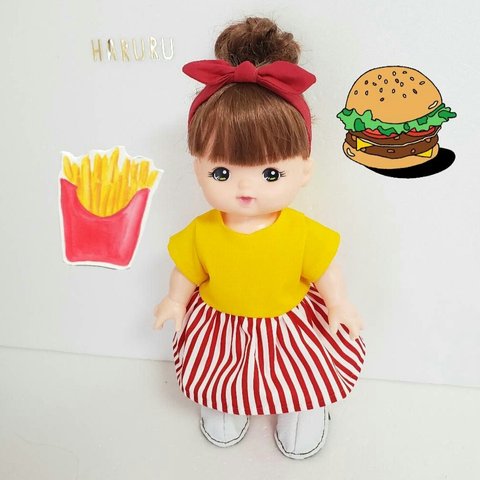 ワンピースとヘアバンドセット　ハンバーガーショップ店員風　メルちゃん　ソランちゃん　レミンちゃん　着せかえ人形　服