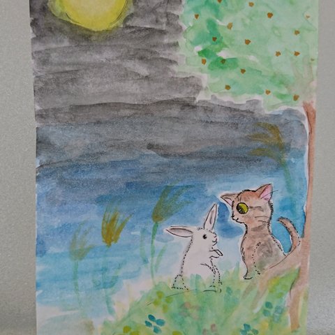 猫とうさぎのお月見【ハガキサイズ原画イラスト】