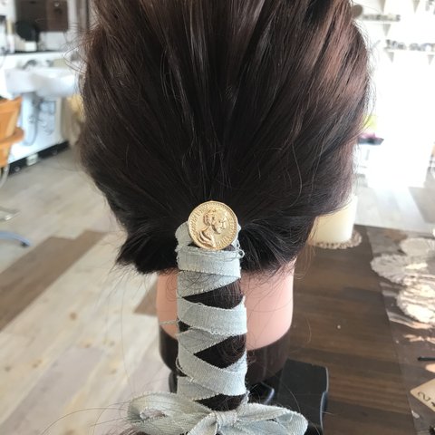 コイン風ボタン薄デニム紐 ヘアアクセサリー