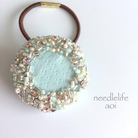 turquoise×silver 刺繍ヘアゴム