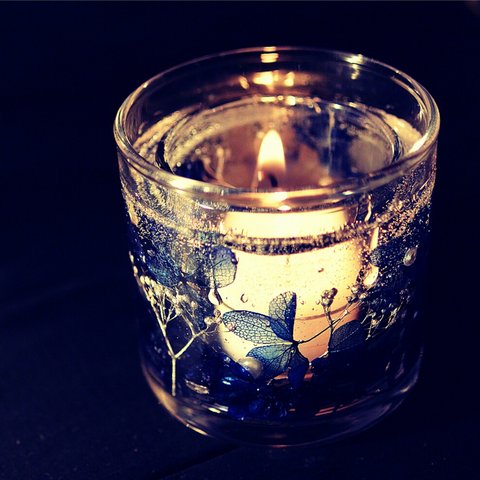 Happy Flower glass candle blue 