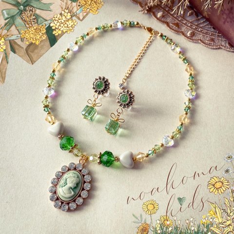 little princess＊ Rococo - green yellow キッズイヤリング キッズ ネックレス セット ＊ キッズアクセサリー 子供 プレゼント 女の子 アンティーク クリスマス